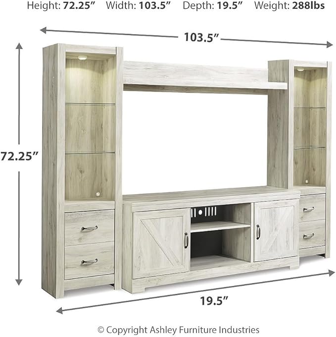 Signature Design by Ashley Bellaby Farmhouse 4-Piece Entertainment Center for TVs up to 72" with Adjustable Shelves, Whitewash