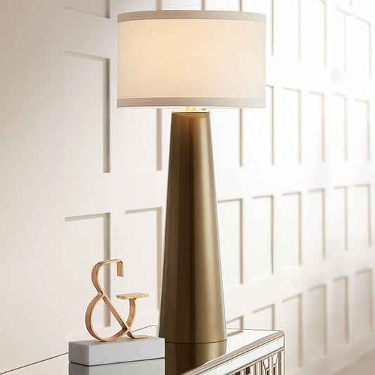 Possini Euro Design Karen Modern 3-Way Table Lamp 36" Tall with Dimmer Dark Gold Glass Column Off White Fabric Drum Shade for Bedroom Living Room House Bedside Nightstand Home Office Entryway Family