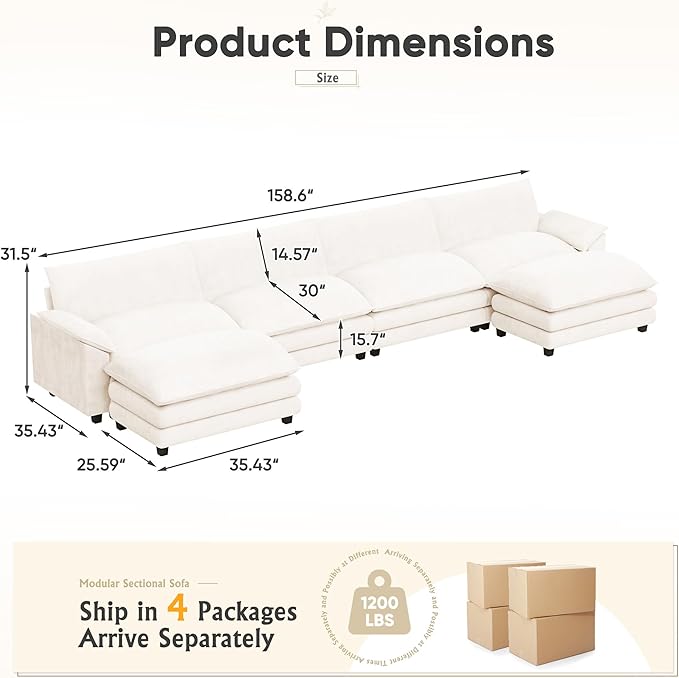 Furniwell Modular Sectional Sofa with Moveable Ottoman, Oversized 3-Seater Couch with Supportive Backrest, Chenille Convertible Sofa Couches for Living Room/Apartment (Whtie, U Shaped)