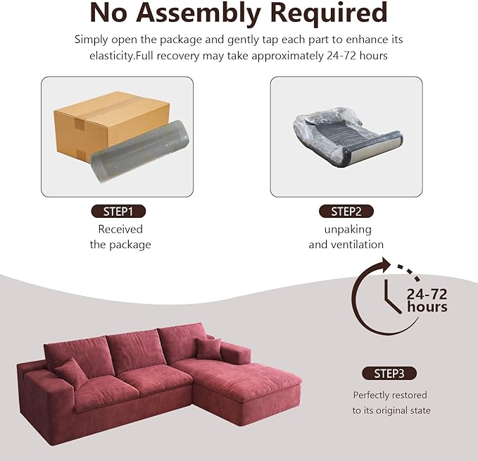 107'' L-Shaped Modern Modular Sectional Cloud Couch, 4-Seat Chenille Deep-Seat Sofa with Pillow for Living Room, Bedroom, Apartment, Wine Red