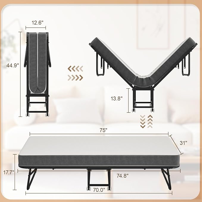 75" x 31" Folding Bed with Mattress for Adults, Portable Foldable Single Beds with Memory Foam Mattress & Super Strong Frame, Convenient Roll Away Guest Bed for Storage