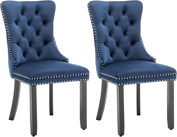 Velvet Dining Chairs Set of 2, Tufted Dining Room Chairs with Nailhead Ring Pull Trim, Upholstered Dining Chairs with Solid Wood Legs for Kitchen Dining Room (Blue)