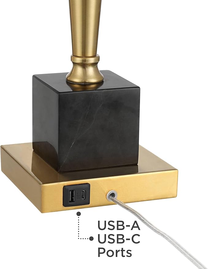 Possini Euro Design Wayne 29 1/4" Tall Modern Glam Luxury End Table Lamp with USB Ports A+C Charging Brass Finish Metal Black Marble Living Room Bedroom Bedside Nightstand House Office Home