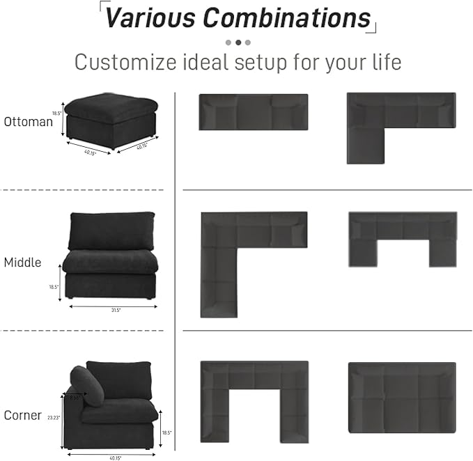 Cloud Modular Sectional Sofa for Livingroom,Large Down Filled Comfort Corner Sectional Sofa Couch with Ottoman,Wide Deep Seat Convertible Couches for Office Apartment,V Shaped,Black