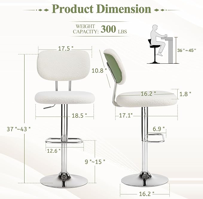 Furniliving Adjustable Bar Stools Set of 2, Modern Teddy Velvet Swivel Barstools with Curved Back, Stylish Armless Counter Height Bar Stools Bar Chairs for Kitchen Island, Bar, Green