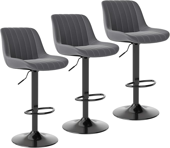 Youhauchair Bar Stools Set of 3, Swivel Counter Height Barstools with Back, Adjustable PU Leather Bar Chairs, Modern Armless Kitchen Island Stool, Dark Grey