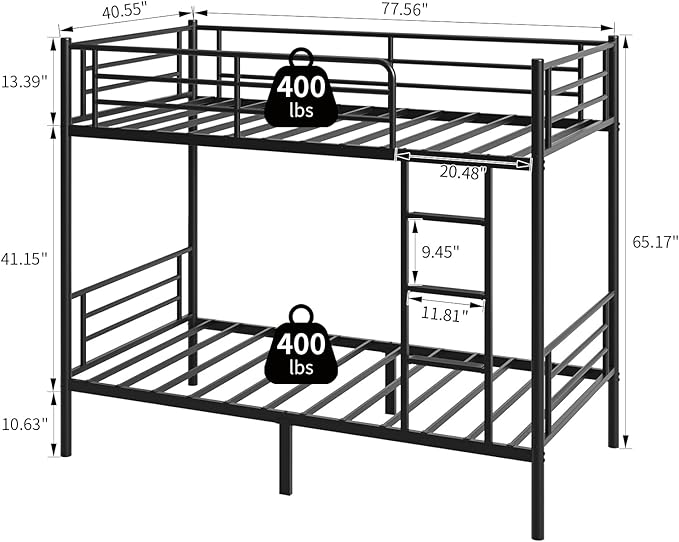 Bunk Beds,Bunk Bed Twin Over Twin for Kids Teens Adults with Ladders and Guardrail,Sturdy Literas Heavy Duty Metal Slats,400 lbs Capacity,No Spring Box Required,Black