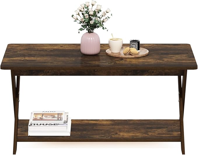 Furinno Modern Simplistic Coffee Table, Rectangle Modern Coffee Table with X-Legs, Criss-Crossed Side Table, for Living Room, Bedroom, Home Office, Amber Pine