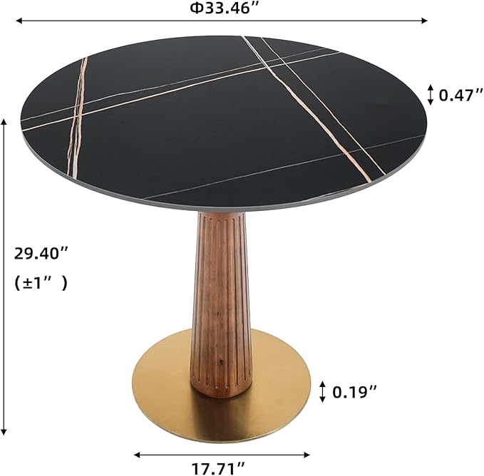 Sintered Stone Office Table - 33.5" Round Table for Small Offices (Light Brown Leg and Black Top, 1 Table Only)