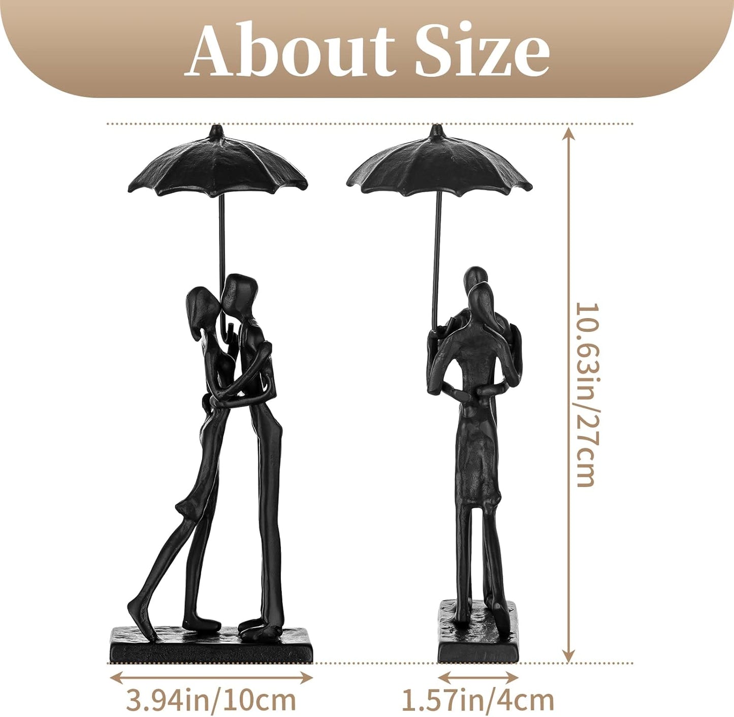 Sziqiqi Iron 6th Sculpture for Wife - Black Metal Couple Statue Kissing Under Umbrella Man Woman Sculpture Figurines for Shelf Mantel Fireplace Entry Bookshelf Television Room