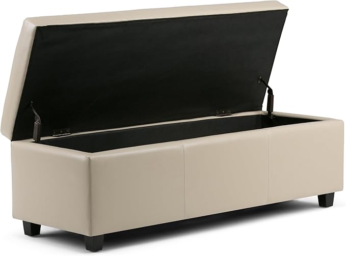 SIMPLIHOME Avalon Storage Ottoman Bench - 48 inch Wide Upholstered Vegan Leather Rectangular Lift-Top Ottoman in Satin Cream, Contemporary Storage Bench for Living Room with High-Density Foam