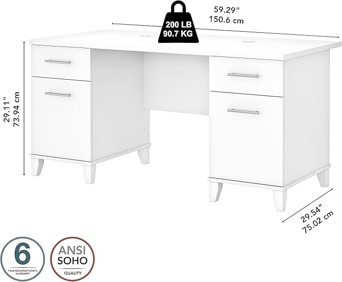 Bush Furniture 60-inch Home Office Desk with Drawers, Large Computer Table with Storage, Transitional Style, Somerset Collection, White