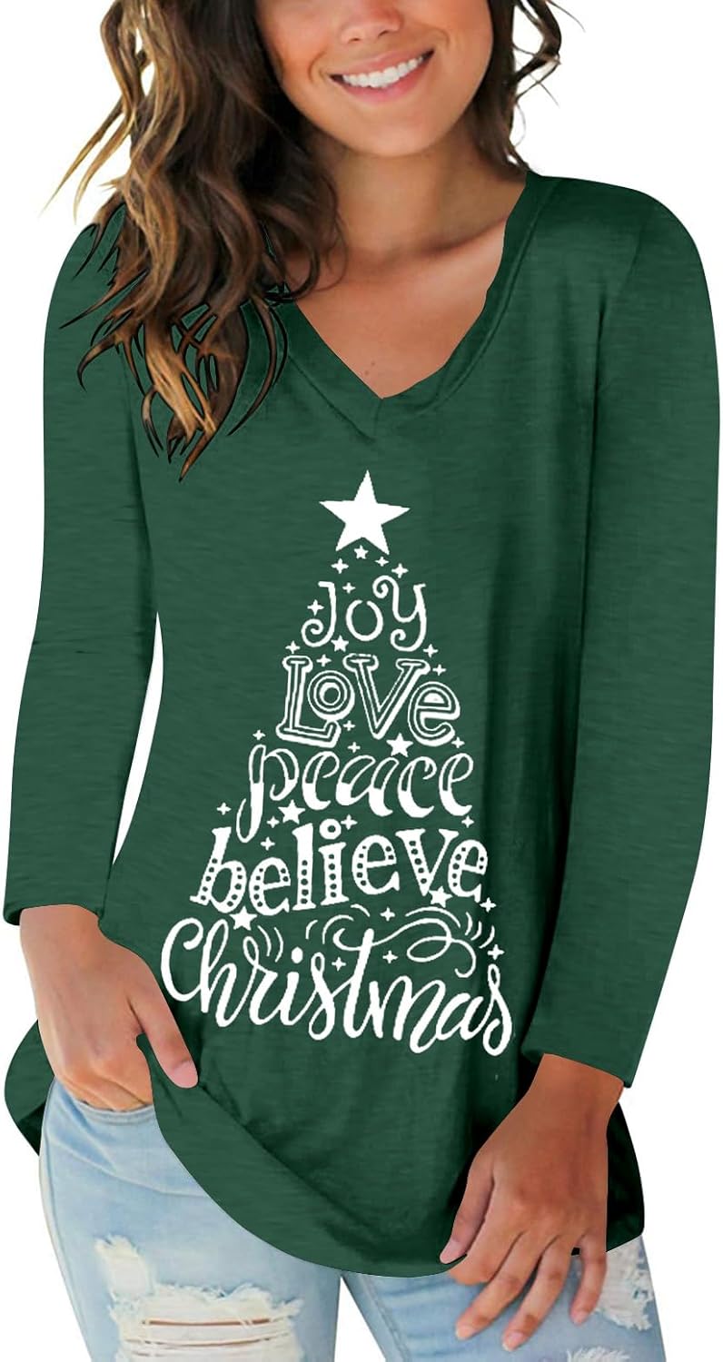 Tobrief Women's Long Sleeve V-Neck Shirts Fall Graphic Tees Loose Casual T-Shirt