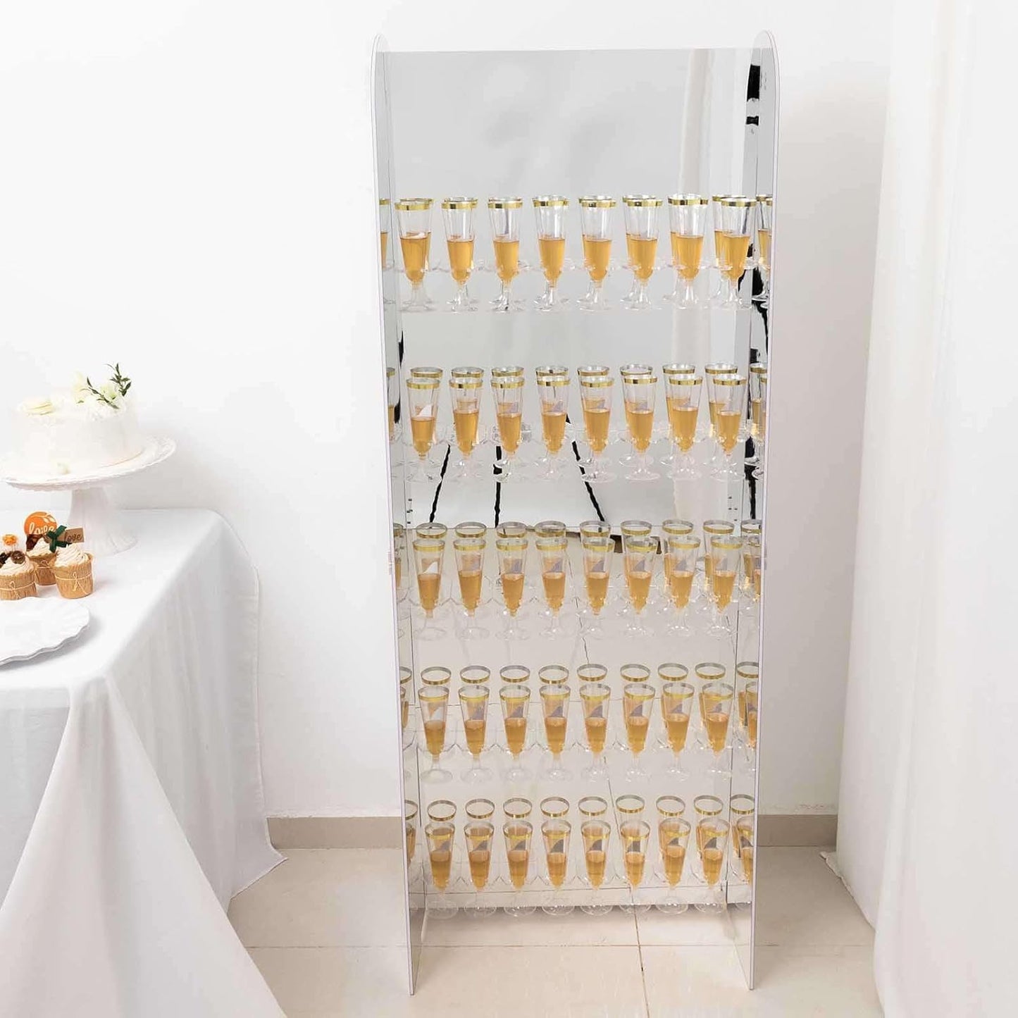 Tableclothsfactory Silver Mirror Finish 5-Tier Wine Glass Stemware Rack, 40 Champagne Flute Holder Foam Board Wall Stand - 5ft