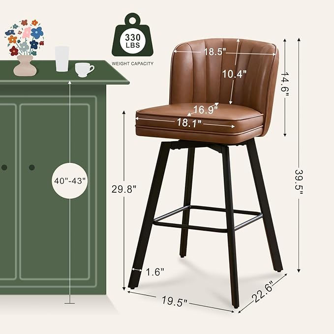 Swivel Counter Height Bar Stools Set of 2, 30'' Modern Barstools with Backs and Metal Legs, Upholstered Bar Chairs, Faux Leather Dark Brown Stools for Kitchen Island Chairs
