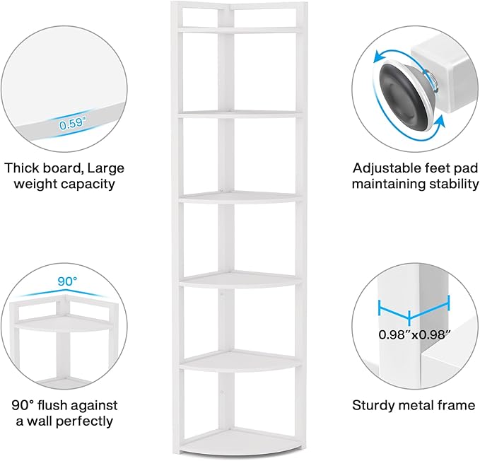 Tribesigns 6 Tier Corner Shelf, 70.9 Inch Tall Corner Bookshelf Small Bookcase Modern Corner Shelving Unit Storage Rack for Living Room, Home Office, Kitchen, Small Space (White)