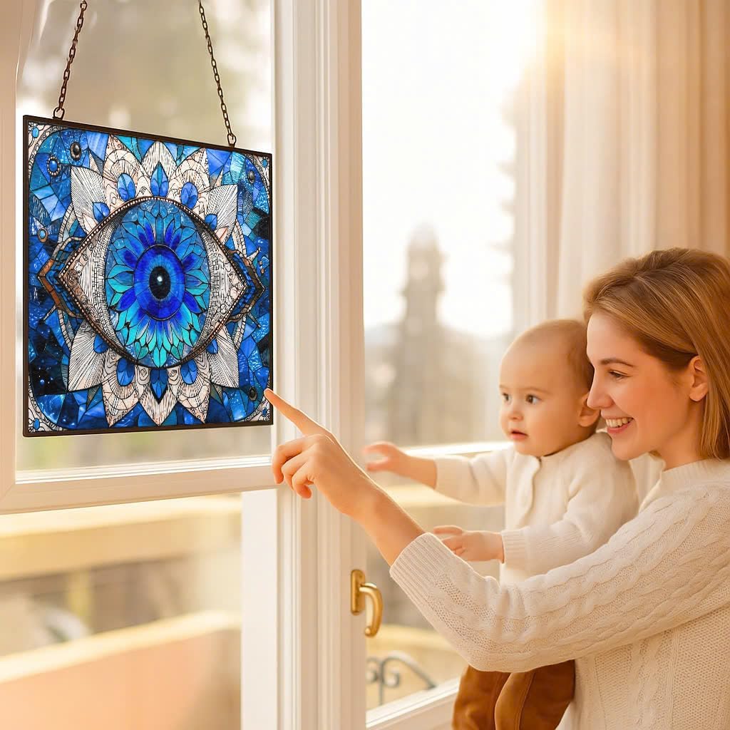 Rectangle Evil Eye Suncatcher Indoor/Outdoor Stained Glass Window Hanging Handmade Suncatchers Home Decor Garden Christmas Party Wedding Housewarming Gifts