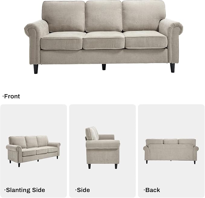 Kingfun 3 Seater Couch, Mid Century Modern Sofa with Rolled Arms and Deep Seats, Fluffy Comfort for Living Room, Apartment, Easy Assembly, Khaki