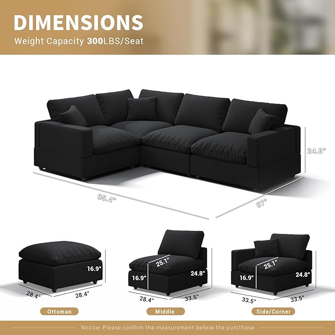 Modern Sectional Linen Couch for Living Room V-Shape Sofas,4 Seat Modular Cloud Sofas,Couches Cushion Covers Removable,Cozy Feather Down Sofa for Apartment Black