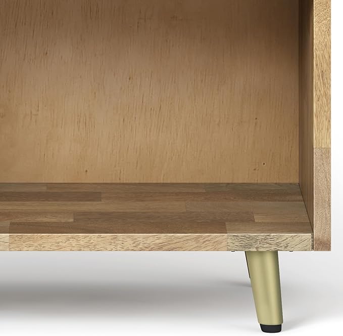 SIMPLIHOME Jager Bedside Table - 22 inch Wide Solid Mango Wood Nightstand in Natural, Mid Century Contemporary Bedroom Side or End Table with Brass Metal Inlay, 1 Drawer, and Open Storage