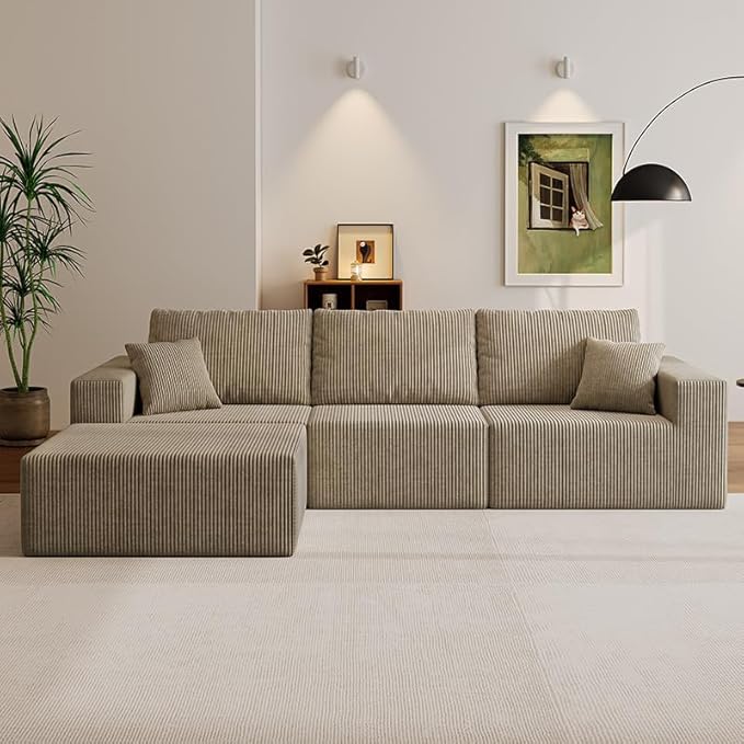 110" Boneless Cloud Sectional Couch for Living Room, Compressed Modular L-Shaped Sofa with Deep Seat, Frameless Corduroy Couch in Boxes, No Assembly Required 3-Seater (Left-Facing Chaise, Grey)