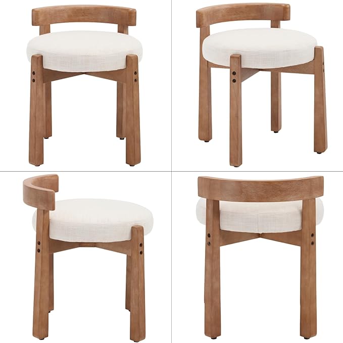 Modern Vanity Chair Upholstered Small Ottoman Footstool, Make Up Stool Linen Fabric with Backrest Wooden Frame for Living Room Bedrooms, 2PCS, Beige