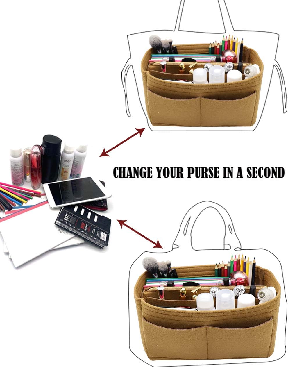 LEXSION Felt Purse Bag Organizer Insert with zipper Bag Tote Shaper Fit Speedy Neverful PM MM