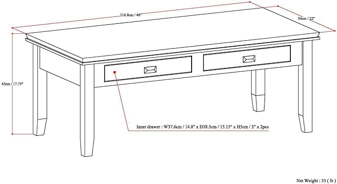 SIMPLIHOME Artisan Coffee Table - 46 inch Wide Solid Wood Transitional Cocktail Table in Russet Brown, Classic Living Room Table with 2 Drawers, Open Shelf, and Square Brushed Nickel Knobs
