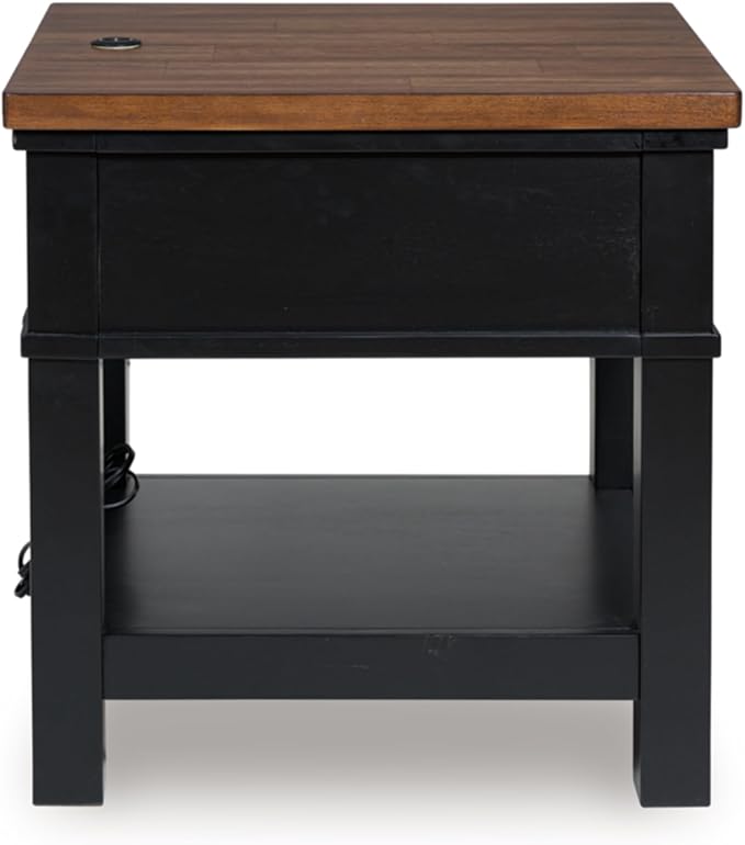 Signature Design by Ashley Wildenauer Farmhouse 1-Drawer End Table with Lower Shelf and USB Ports, Light Brown & Black