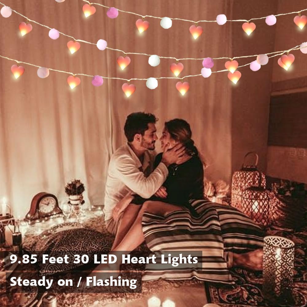9.85Ft String Lights with 20 Pink Heart LEDs 20 Pink Pom Poms Garland Lights with Timer Valentine Decoration for Home Kid Bedroom Mother's Day Wedding Party Valentine's Day Decor