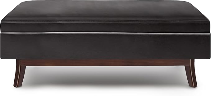 SIMPLIHOME Owen 48 inch Wide Mid Century Modern Rectangle Rectangular Storage Ottoman in Tanners Brown Vegan Faux Leather, Assembled, for the Living Room, Entryway and Family Room