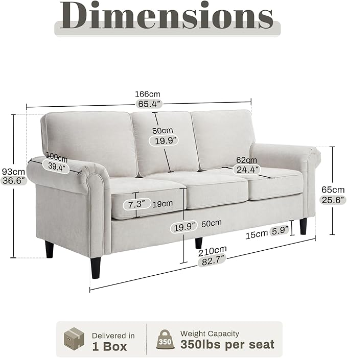 Kingfun 3 Seater Couch, Mid Century Modern Sofa with Rolled Arms and Deep Seats, Fluffy Comfort for Living Room, Apartment, Easy Assembly, Beige