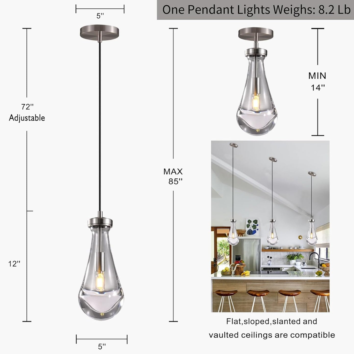 Raindrop Pendant Lights Set of 3, Modern Pendant Lights Kitchen Island 3 Pack, Brushed Nickel Island Light, Pendant Light for Bedroom Bathroom, Chandelier for Living Room Hallway