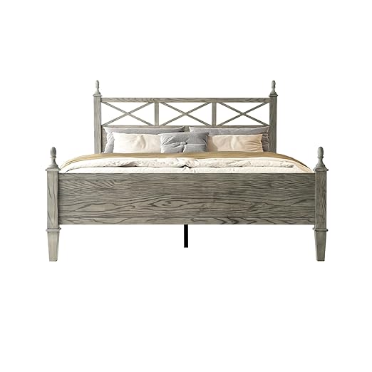 Queen Size Platform Bed Frame with Solid Wood Headboard & Footboard, Metal Legs, 12 Durable Slatted Base, No Box Spring Needed, Easy Assembly, Noise-Free & Anti-Slip, Weathered Gray Oak Finish, RIQ-34