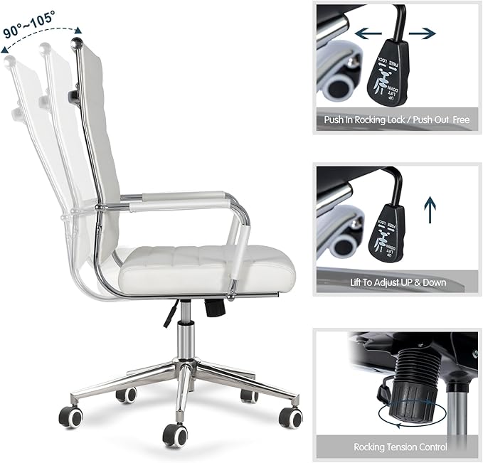 Home Office Chair Ribbed, Modern Leather Conference Room Chairs, Ergonomic Office Desk Chair, High Back Executive Computer Chair, Adjustable Swivel Chair with Arms (White)