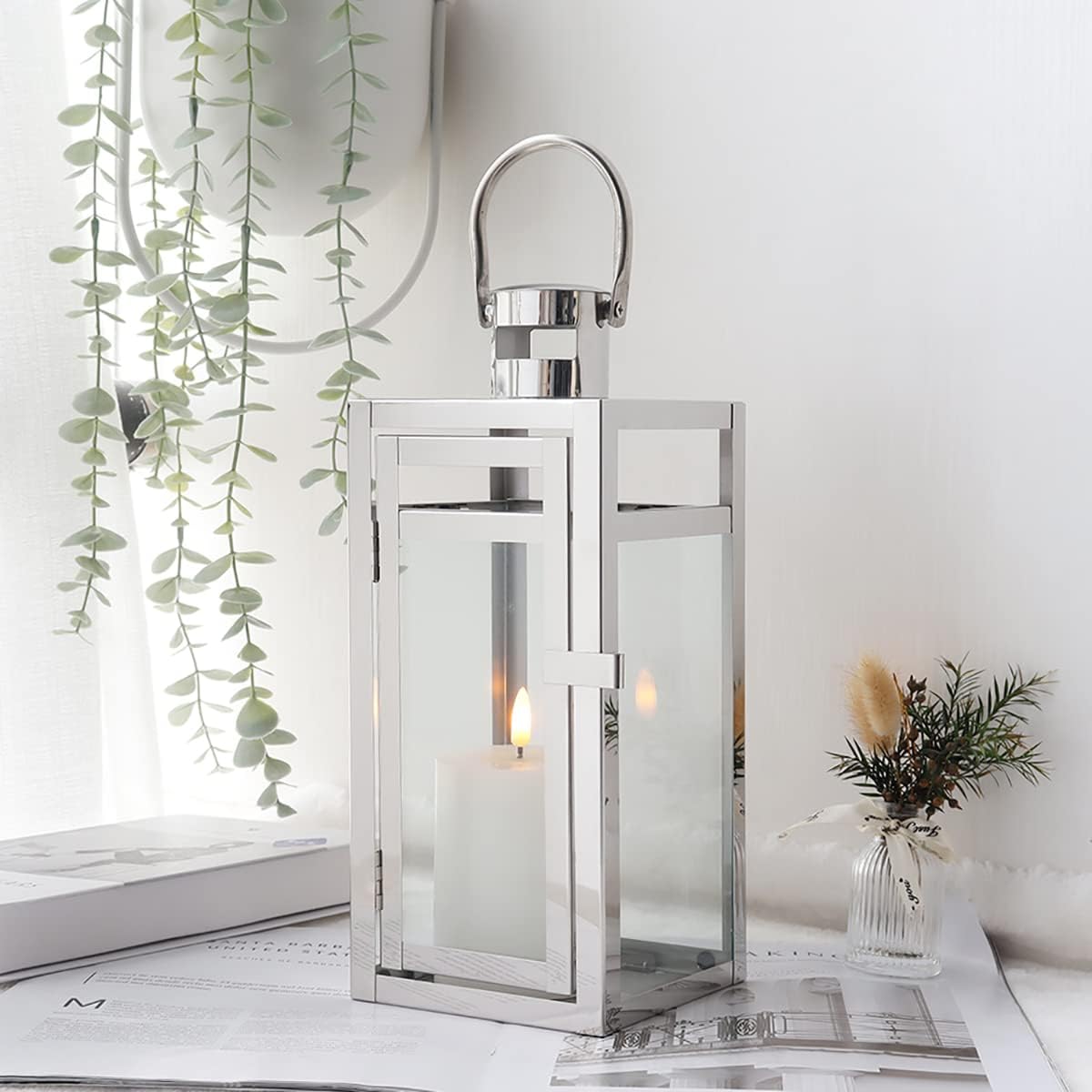 TRIROCKS Stainless Steel Decorative Lantern 12'' High Metal Hanging Lantern with Clear Glass Panels Perfect for Home Decor Living Room Parties Events Tabletop Indoors Outdoors (Silver)