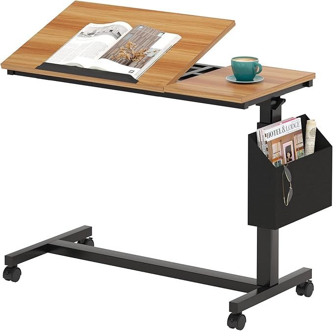 Tribesigns C-Shaped End Table, Small Adjustable Height Rolling Side Table with Wheels and Storage Bag, Portable Mobile Tiltable Laptop Desks for Couch, Living Room, Bedroom, Walnut