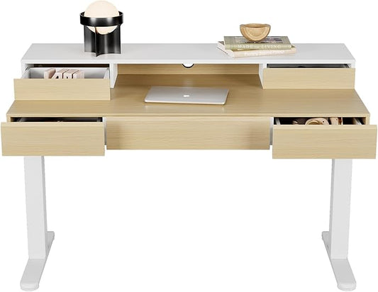 HUANUO Electric Standing Desk with Drawers, 48 Inches Height Adjustable Stand Up Desk with Monitor Shelf, Whole-Piece Board Computer Workstation with 4 Memory Height Settings, Light Walnut