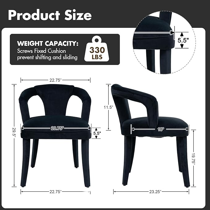 Black Velvet Dining Chairs Set of 6, Modern Upholstered Accent Chairs with Curved Back & Arms, Comfy Large Fully Upholstered Side Chair for Living Room