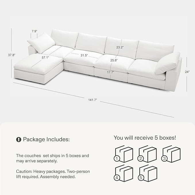 Modular Cloud Sofa, 141.7" Cloud Sectional Couches with Deep Seat, L-Shape 4-Seat Couch with Ottoman for Living Room, Modern Comfy Couch with Washable Cover, Wide Armrest (White,1 Ottoman)