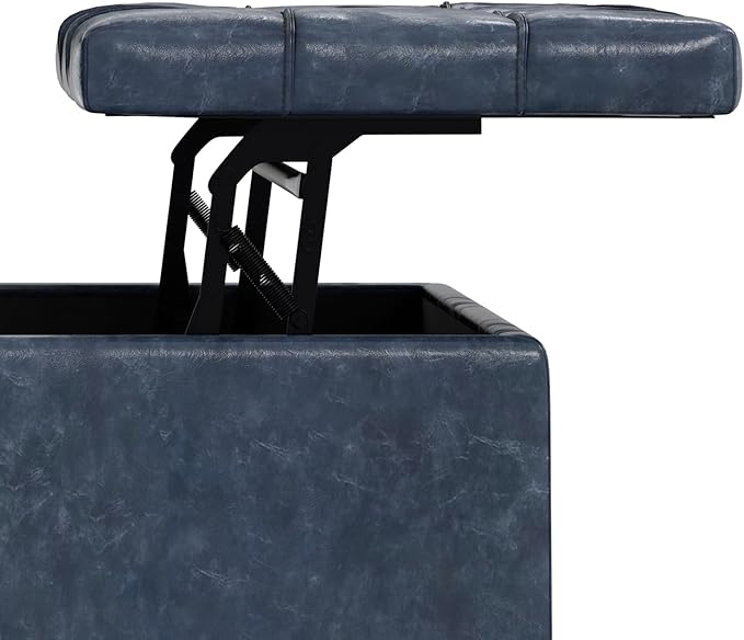 SIMPLIHOME Harrison 40 inch Wide Transitional Square Large Coffee Table Storage Ottoman in Denim Blue Vegan Faux Leather, Assembled, for The Living Room and Bedroom
