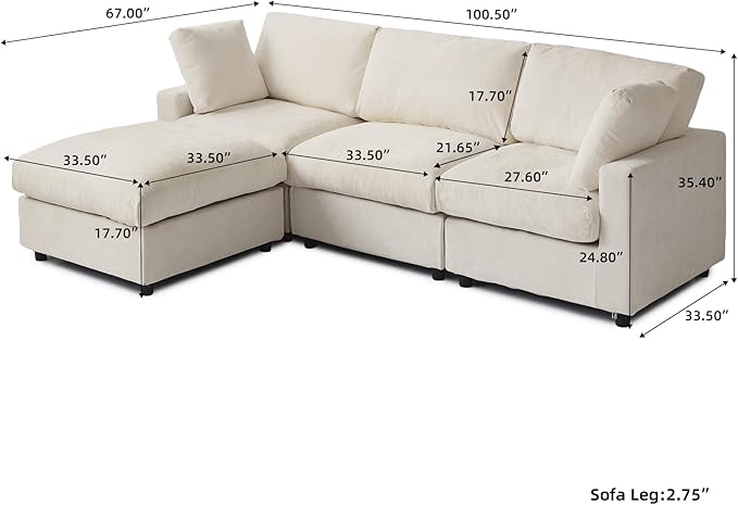 WJShome Modular Sectional Cloud Couch Modern L Shaped Sofa with Ottoman, 100 Inch 3-Seat Chenille Deep Seat Couches for Living Room, Bedroom and Apartment，Beige