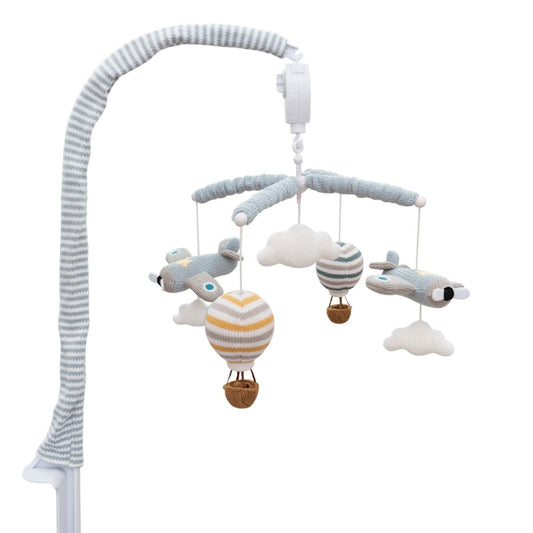 LIVING TEXTILES Baby Music Mobile - Up & Away Crib Toy, Sky Hot Air Balloon,Clouds Planes, Musical Nursery Decor, Calming Soother with 12 Lullabies Essential Perfect Toy for Boys Girls, Blue