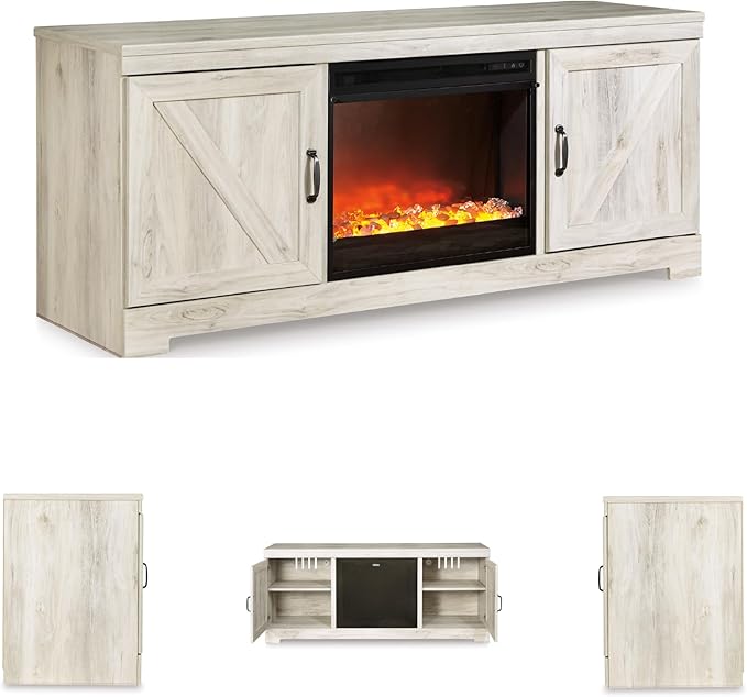 Signature Design by Ashley Bellaby Farmhouse 63" TV Stand with Fireplace for TVs up to 72", Whitewash