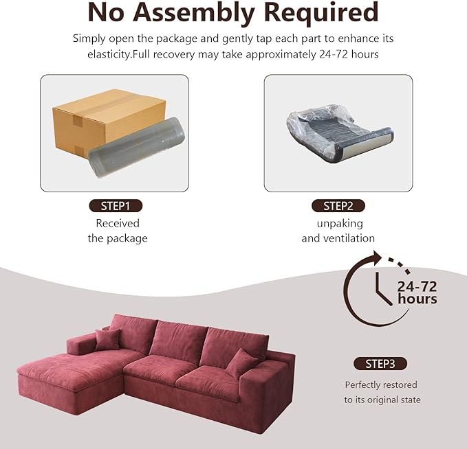 107'' L-Shaped Modern Modular Sectional Cloud Couch, 4-Seat Chenille Deep-Seat Sofa with Pillow for Living Room, Bedroom, Apartment, Wine Red