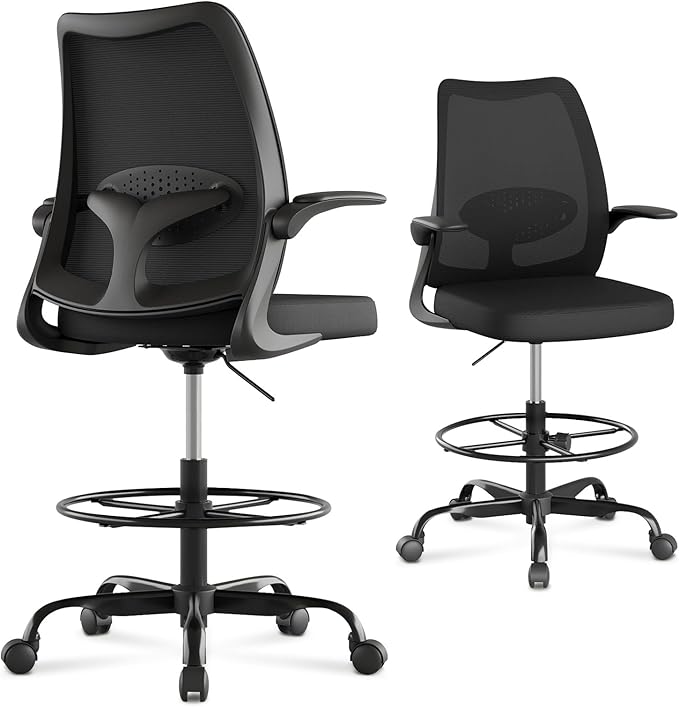 Drafting Chair,Tall Office Chair with Adjustable Footrest Ring,Lumbar Support,Ergonomic High Desk Seat,Flip-Up Armrests,Breathable Mesh Standing Stool for Home Office,Black