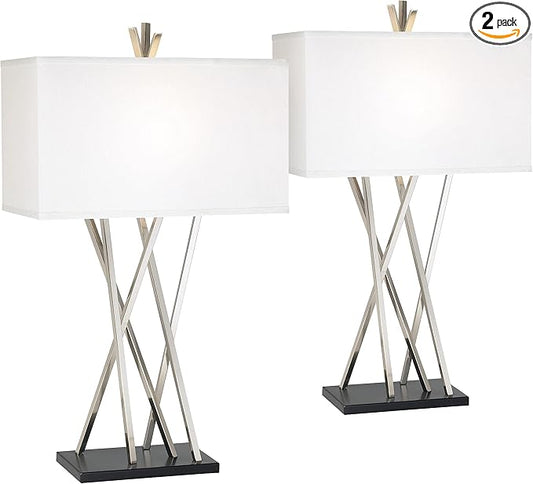 Possini Euro Design Asymmetry 30" Tall Large Modern End Table Lamps Set of 2 Silver Brushed Steel Finish Metal Linen White Shade Living Room Bedroom Bedside Nightstand House Office Home Reading
