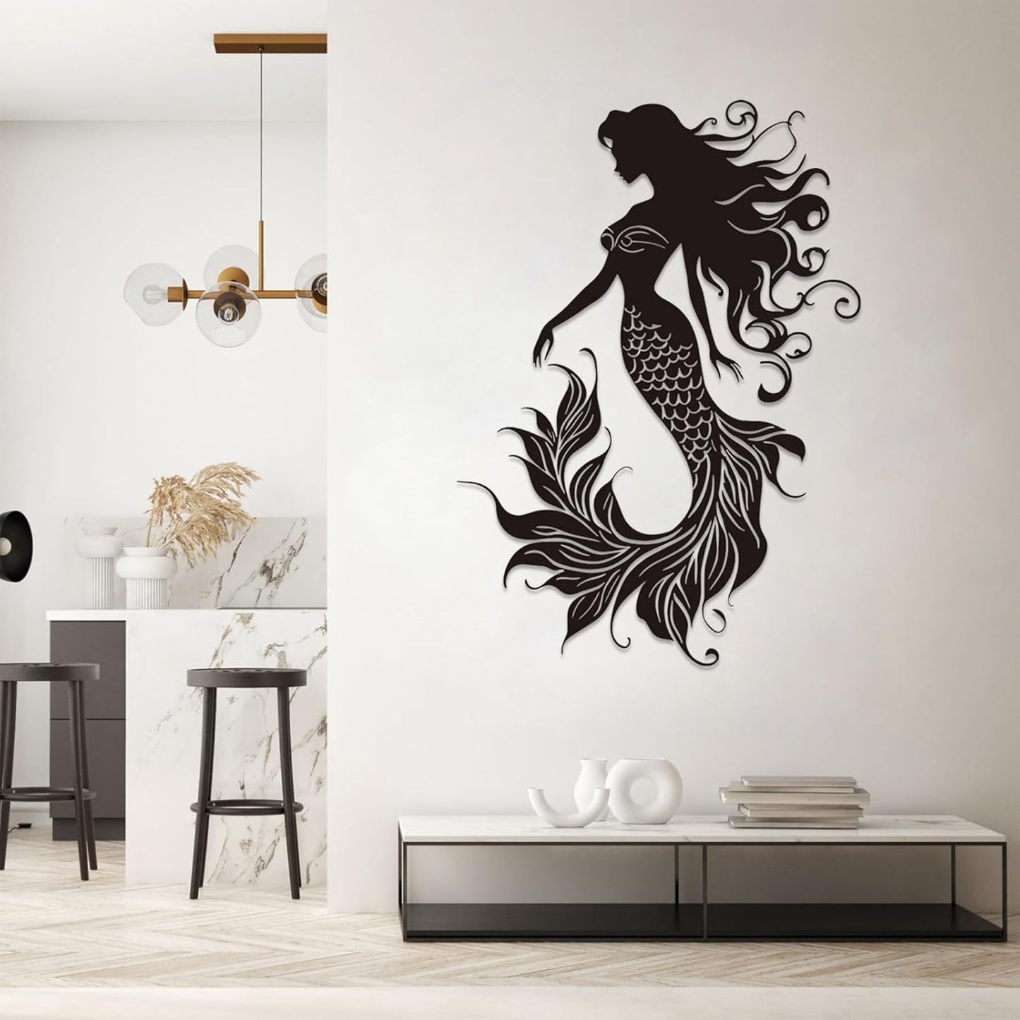 Veplsur Mermaid Metal Wall Art, Metal Mermaid Wall Decor, Marine Biology Wall Decor, Ocean Wall Art, Nautical Wall Hanging, Beach Hanging for Bathroom Bedroom (Silver, 24"x17"|60x43cm)