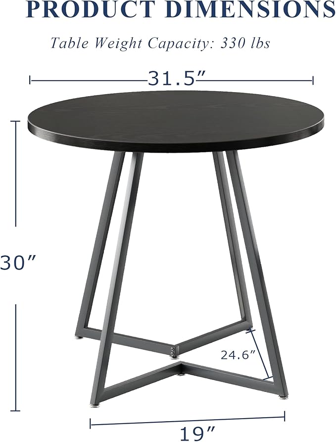VECELO Round Dining Room Table with Wood Grain Tabletop and Steel Frame, for Kitchen, Living Room, Office, Conference, 2 to 4 Person, Black
