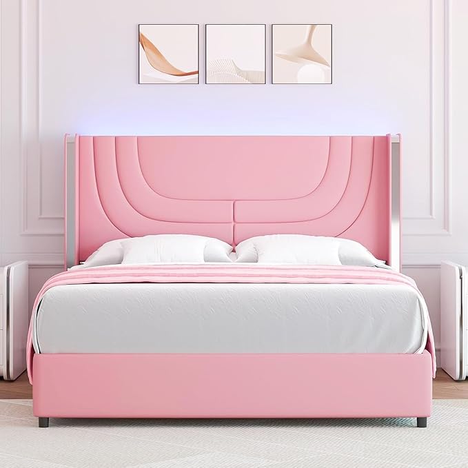 Queen Bed Frame with LED Lights, Faux Leather Upholstered Bed with Wingback Headboard, Modern Bed Frame, No Box Spring Needed, Easy Assembly, Pink